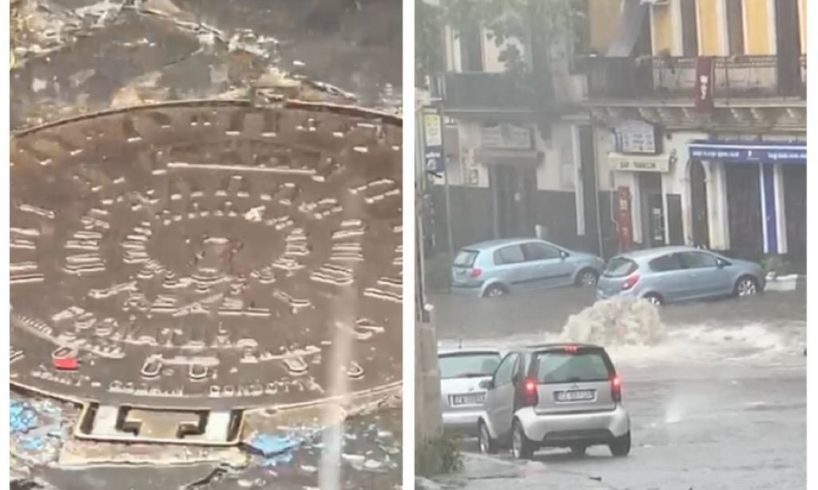 Paternò, ‘fontana’ di acqua in Piazza Vittorio Veneto: il maltempo fa saltare i tombini (VIDEO)