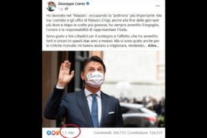Social, oltre 1 milione di ‘mi piace’ per l’addio di Conte su Facebook: è il più cliccato per un politico