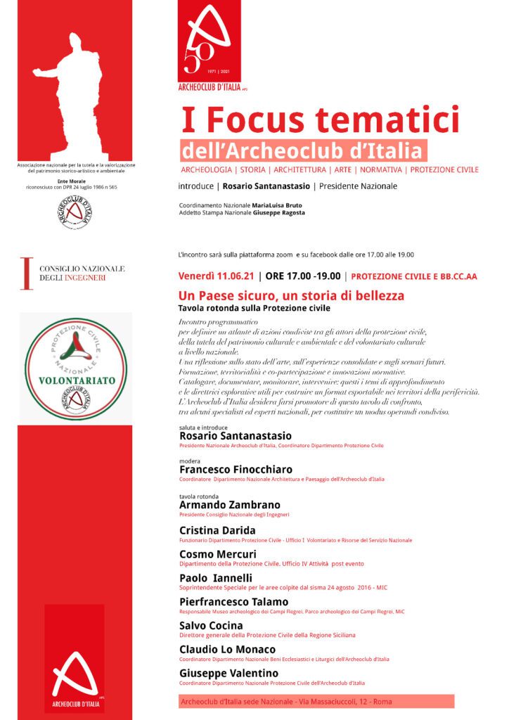Protezione Civile e Beni culturali, domani webinar su esperienze e scenari futuri organizzato da Archeoclub d'Italia