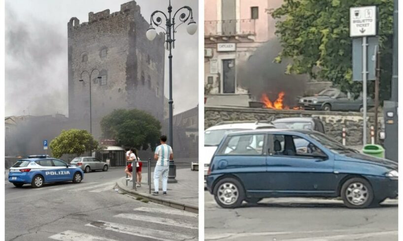 Adrano, fumo attorno al Castello Normanno: in fiamme auto che perdeva benzina dal serbatoio