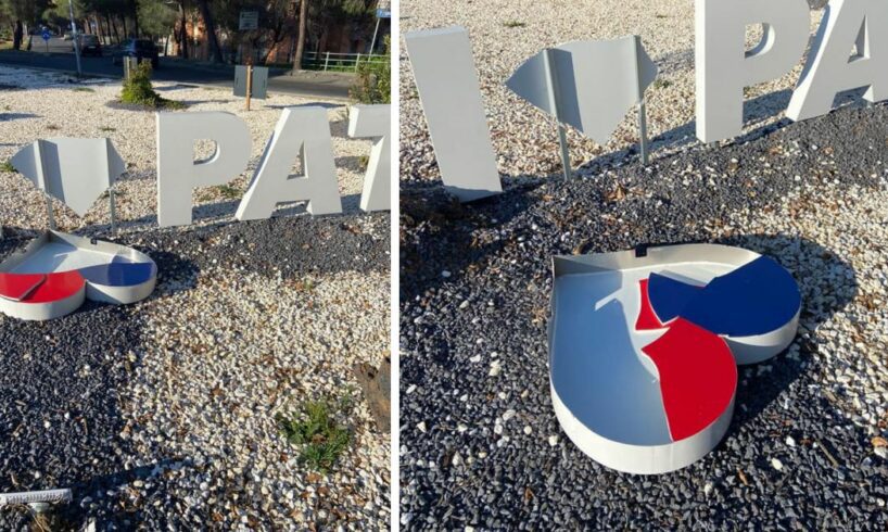 Paternó, vandali distruggono il cuore della scritta “I Love”: in una rotonda cittadina