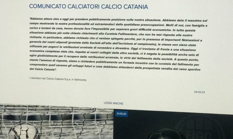 Catania Calcio, lettera dei giocatori sul sito dell’AIC: “Non ci pagano gli stipendi di novembre e dicembre”