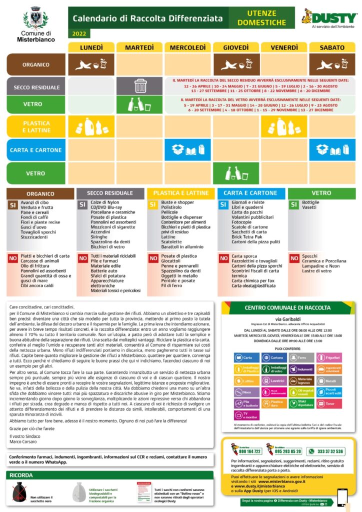 Misterbianco, da domani nuovo calendario della raccolta differenziata: scaricabile dai siti Dusty e Comune