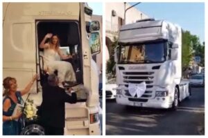 Adrano, nozze originali: la carrozza della sposa è una motrice del camion (VIDEO)