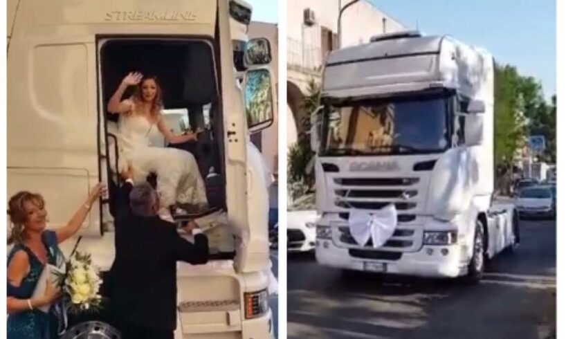 Adrano, nozze originali: la carrozza della sposa è una motrice del camion (VIDEO)