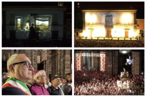 Adrano, incanta la ‘proiezione’ su San Nicolò Politi: piazza Umberto stracolma per la Volata dell’Angelo e ‘Alzati e seguimi’ (VIDEO)