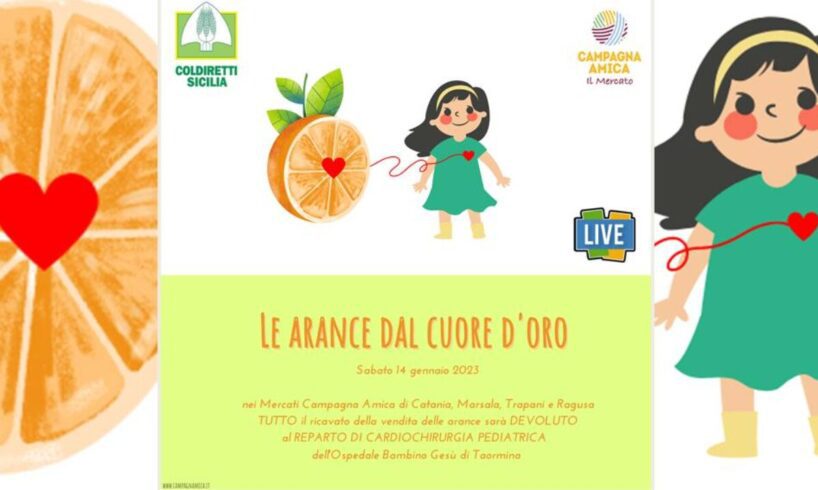 Sicilia, le ‘arance dal cuore d’oro’ aiutano la Cardiochirurgia pediatrica dell’ospedale di Taormina: in vendita il 14 in quattro mercati siciliani