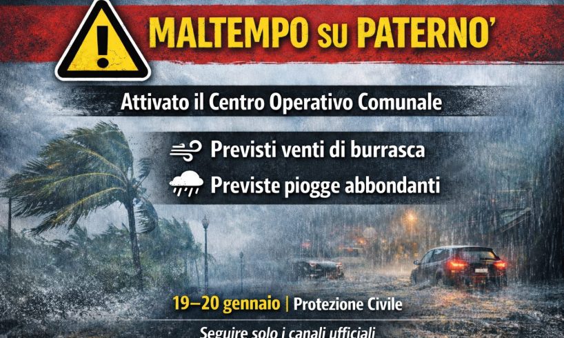 Maltempo in arrivo a Paternò, attivato il Centro Operativo Comunale